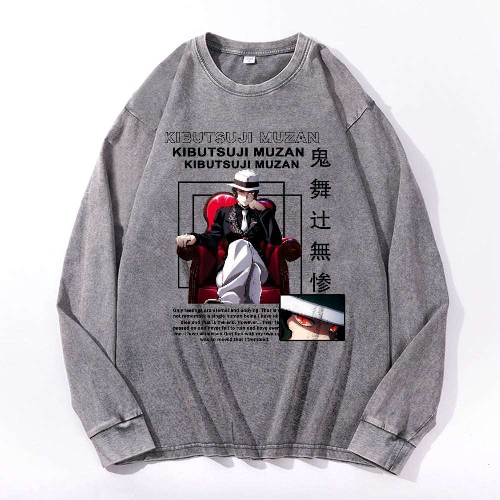 Deamon Kibutsuji Muzan Vintage Cotton Wash Crewneck Long-Sleeve T-Shirt