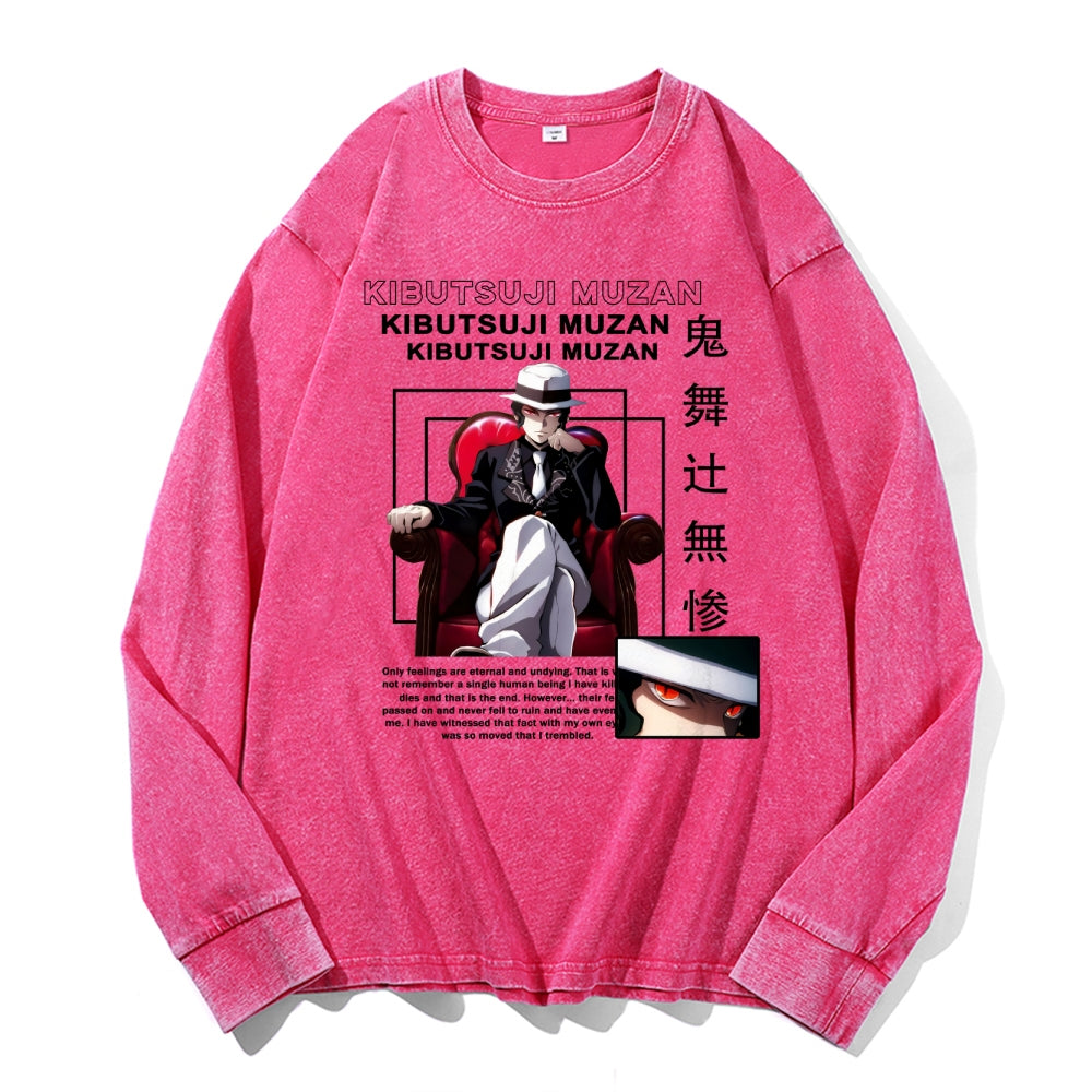 Deamon Kibutsuji Muzan Vintage Cotton Wash Crewneck Long-Sleeve T-Shirt
