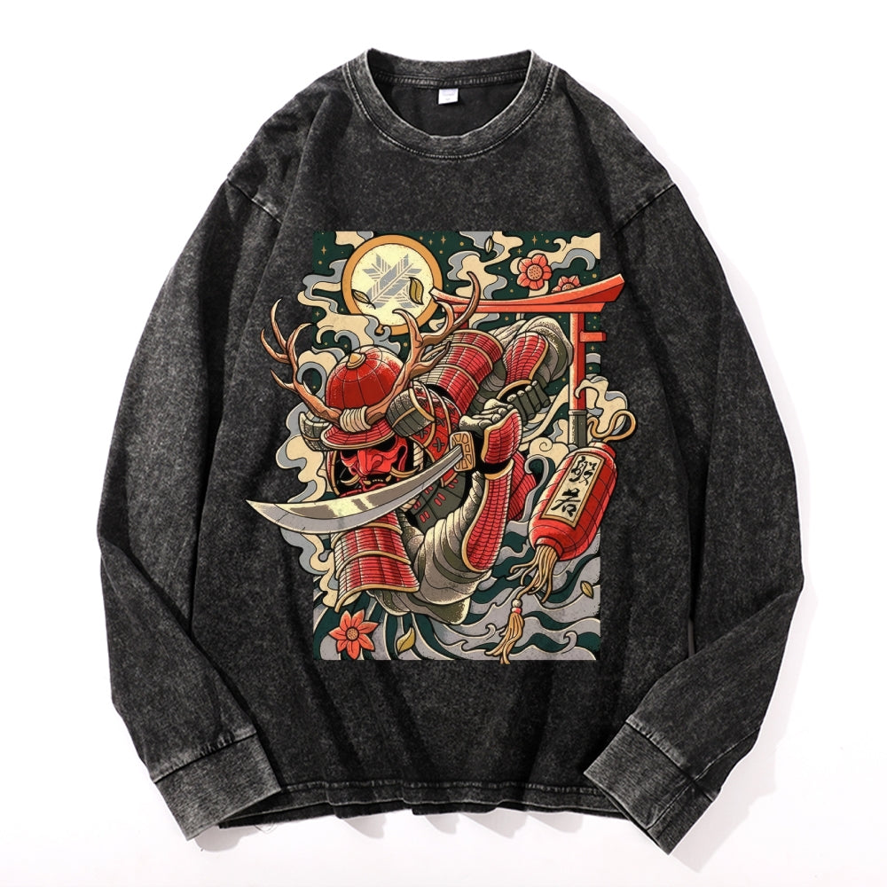 Samurai Vintage Cotton Wash Crewneck Long-Sleeve T-Shirt