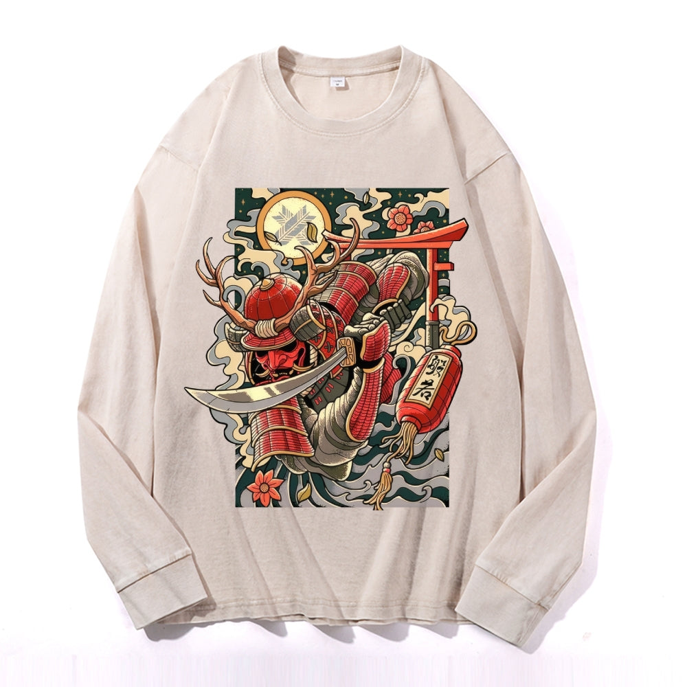 Samurai Vintage Cotton Wash Crewneck Long-Sleeve T-Shirt