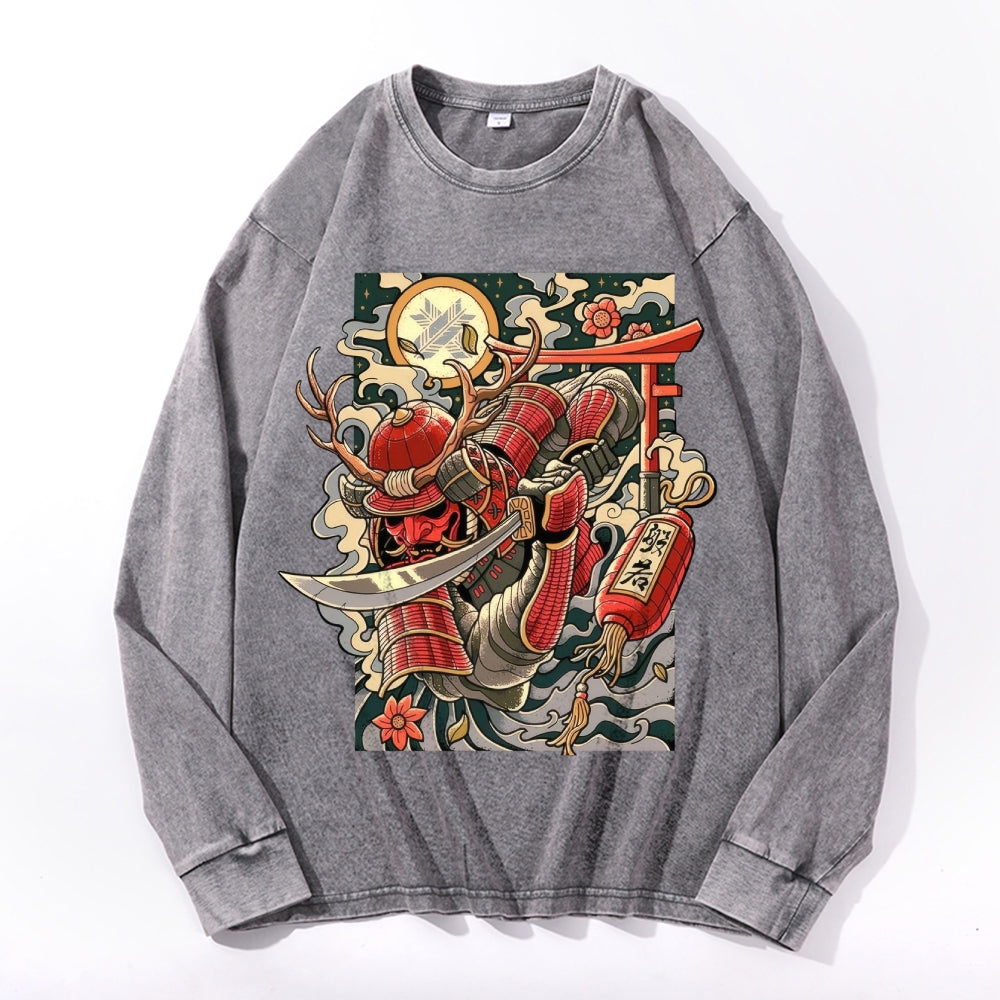 Samurai Vintage Cotton Wash Crewneck Long-Sleeve T-Shirt