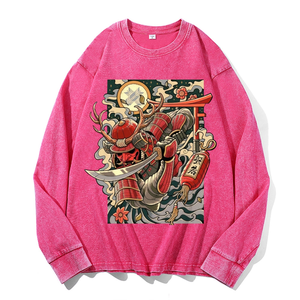 Samurai Vintage Cotton Wash Crewneck Long-Sleeve T-Shirt