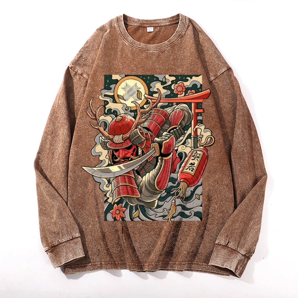Samurai Vintage Cotton Wash Crewneck Long-Sleeve T-Shirt