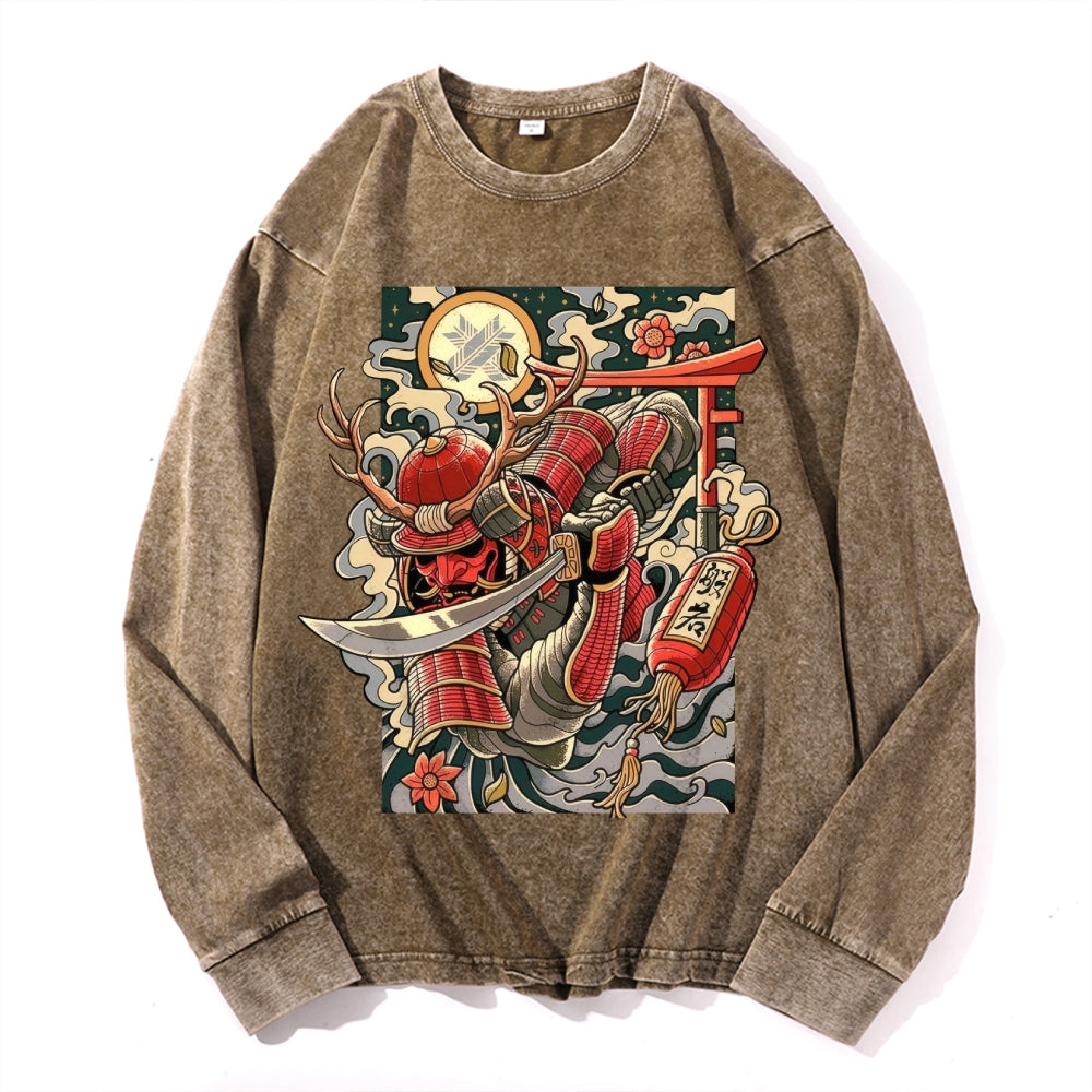 Samurai Vintage Cotton Wash Crewneck Long-Sleeve T-Shirt