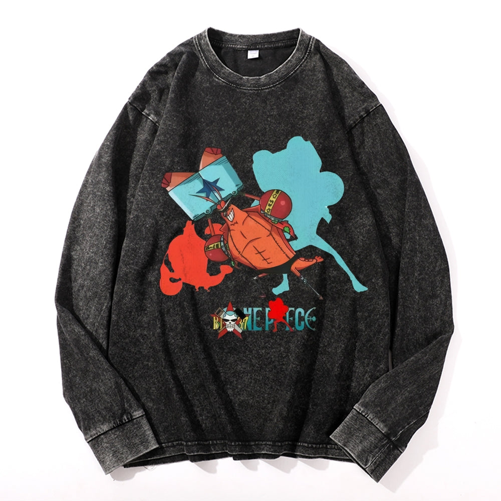One Piece Sponge Crab Vintage Cotton Wash Crewneck Long-Sleeve T-Shirt