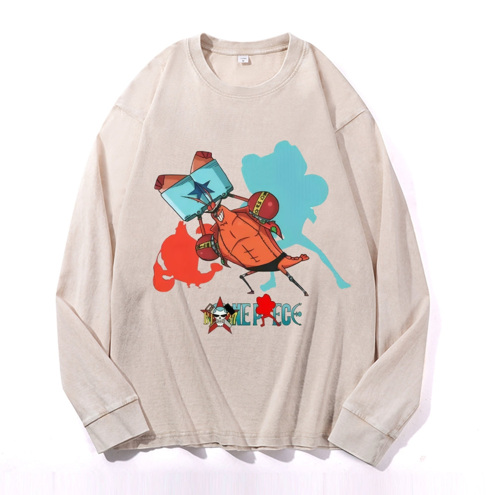 One Piece Sponge Crab Vintage Cotton Wash Crewneck Long-Sleeve T-Shirt