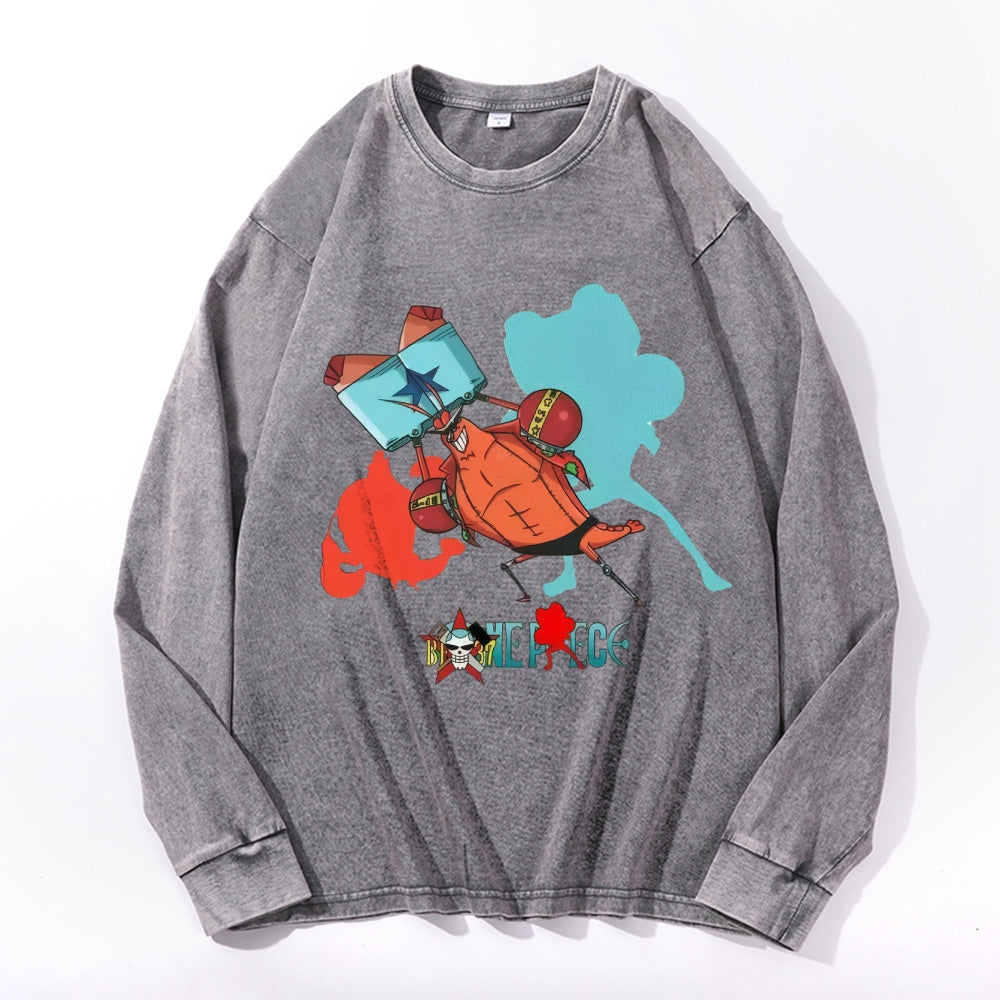 One Piece Sponge Crab Vintage Cotton Wash Crewneck Long-Sleeve T-Shirt