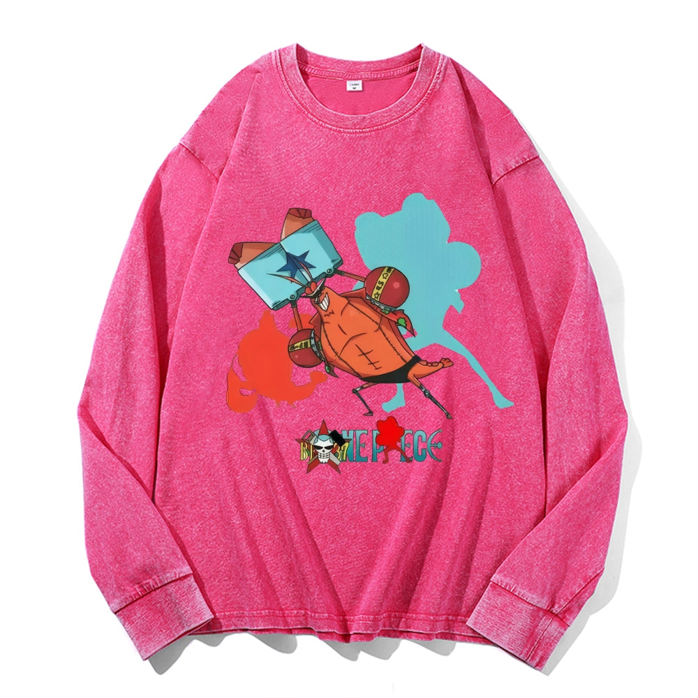 One Piece Sponge Crab Vintage Cotton Wash Crewneck Long-Sleeve T-Shirt