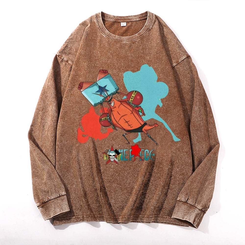 One Piece Sponge Crab Vintage Cotton Wash Crewneck Long-Sleeve T-Shirt