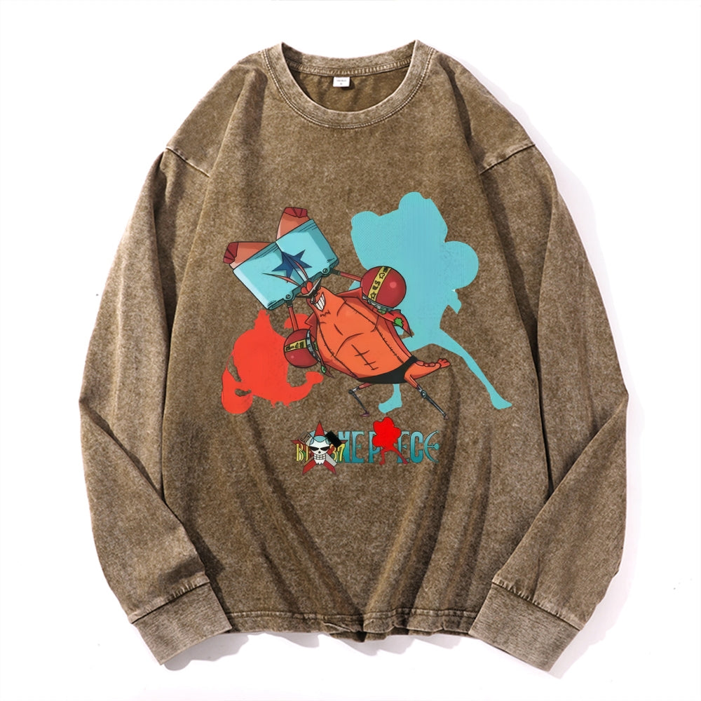 One Piece Sponge Crab Vintage Cotton Wash Crewneck Long-Sleeve T-Shirt