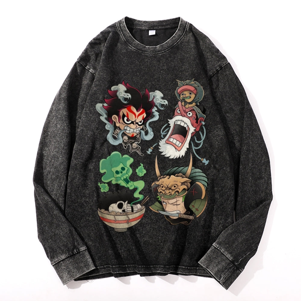 One Piece Vintage Cotton Wash Crewneck Long-Sleeve T-Shirt