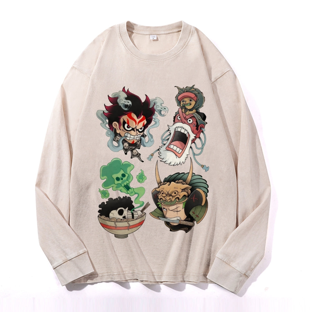 One Piece Vintage Cotton Wash Crewneck Long-Sleeve T-Shirt