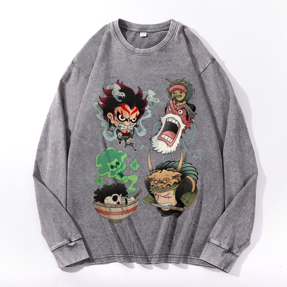 One Piece Vintage Cotton Wash Crewneck Long-Sleeve T-Shirt