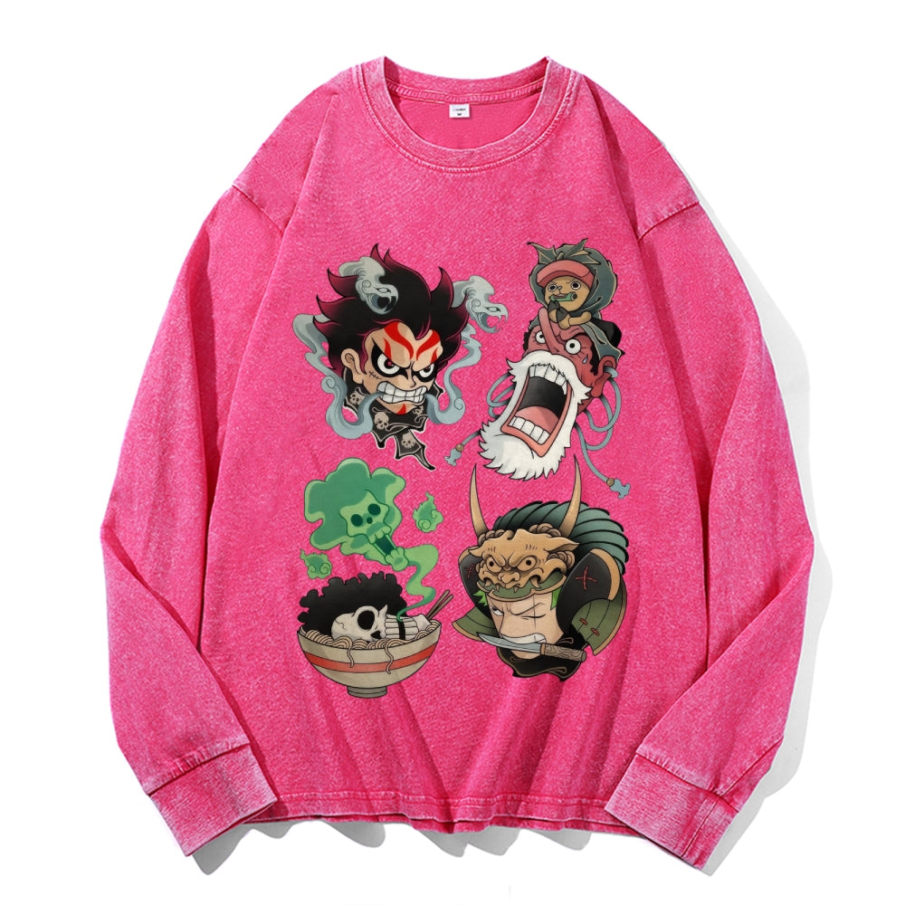 One Piece Vintage Cotton Wash Crewneck Long-Sleeve T-Shirt