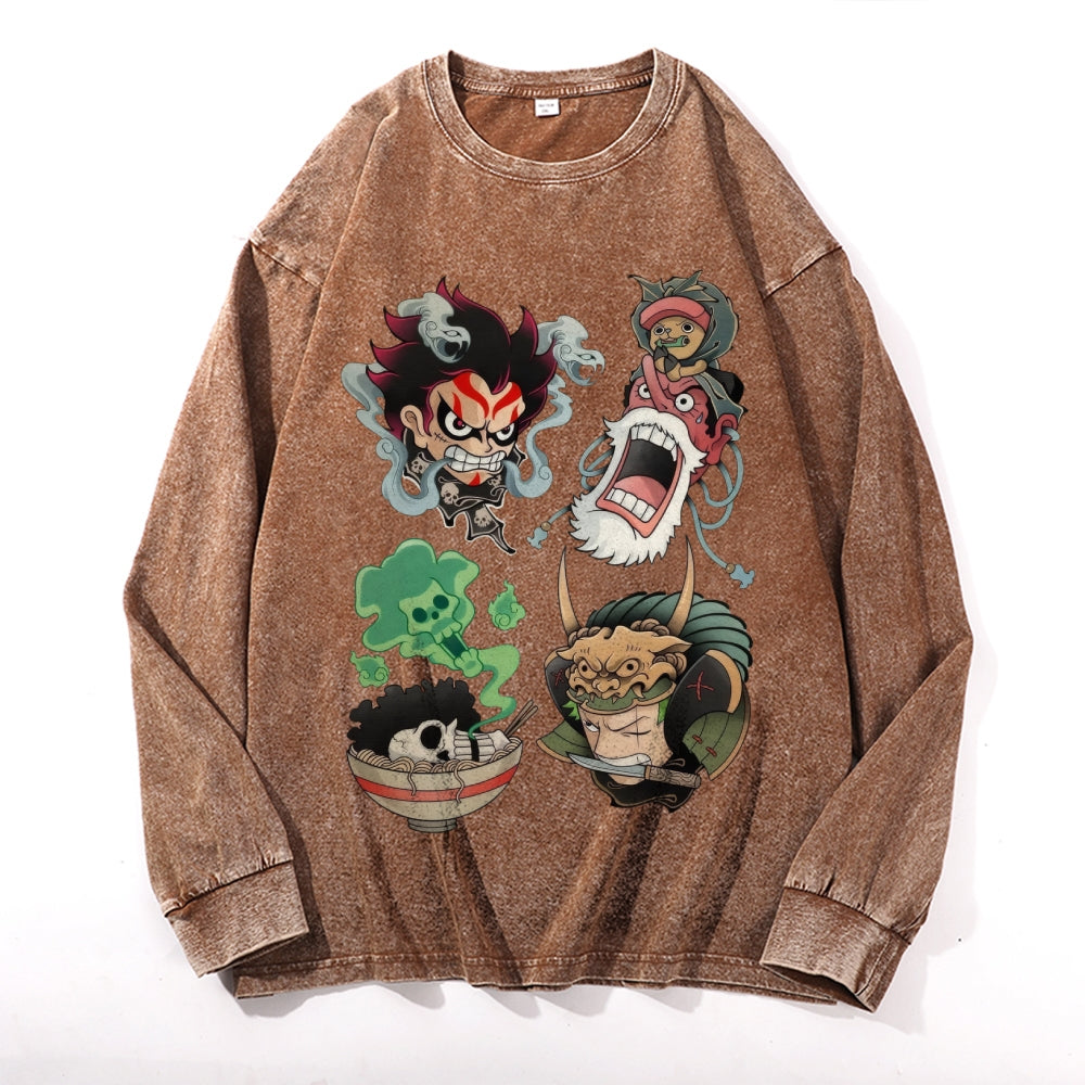 One Piece Vintage Cotton Wash Crewneck Long-Sleeve T-Shirt