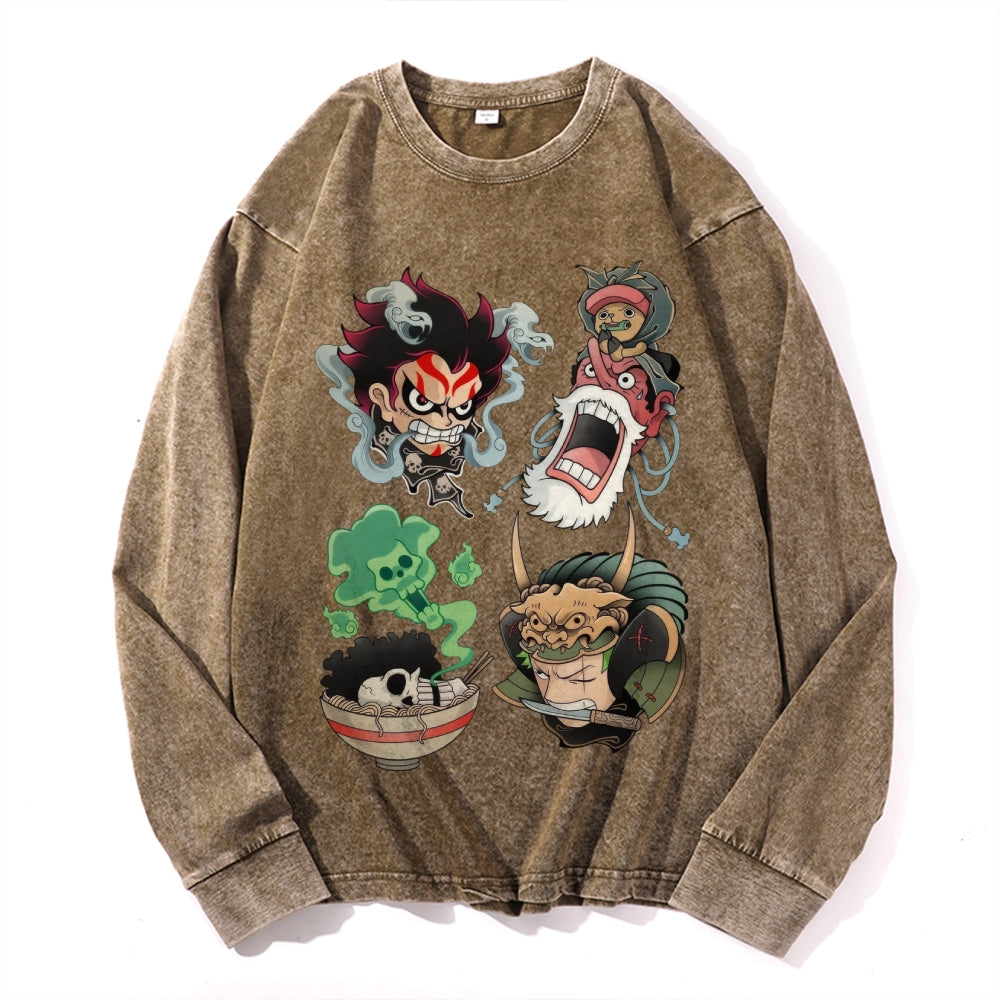 One Piece Vintage Cotton Wash Crewneck Long-Sleeve T-Shirt