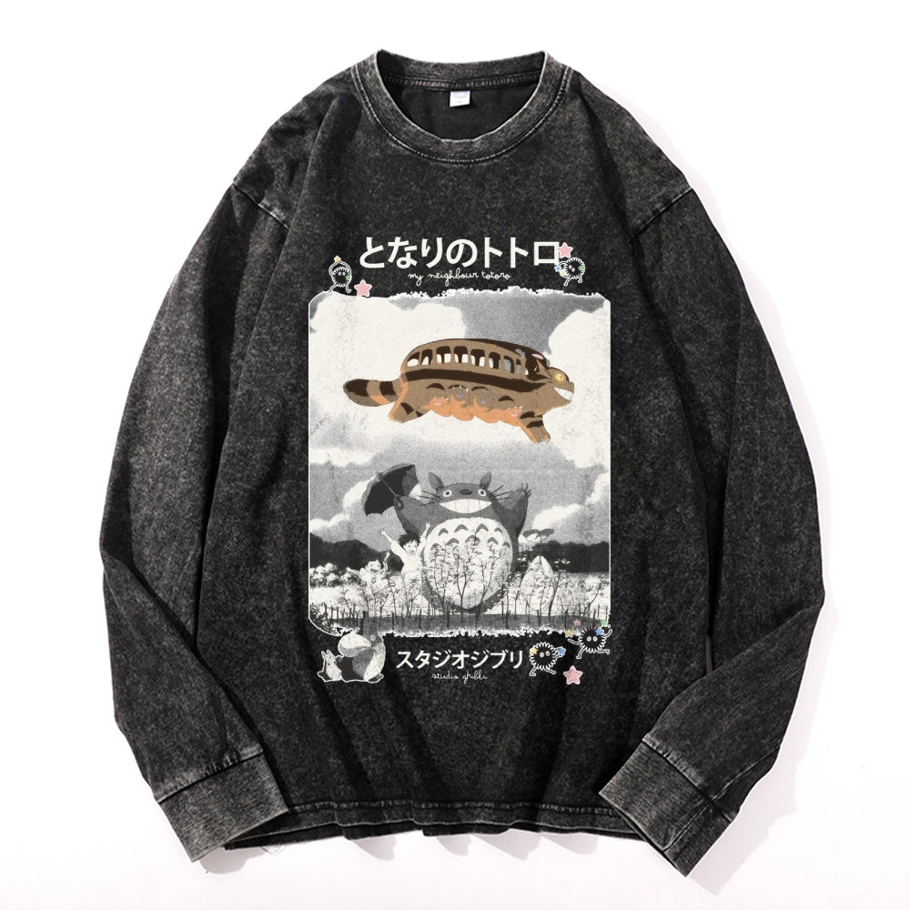 Ghibli Totoro Vintage Cotton Wash Crewneck Long-Sleeve T-Shirt
