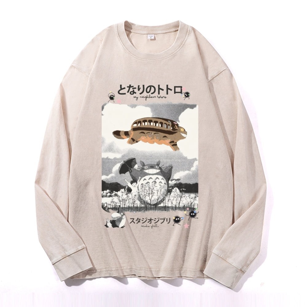 Ghibli Totoro Vintage Cotton Wash Crewneck Long-Sleeve T-Shirt