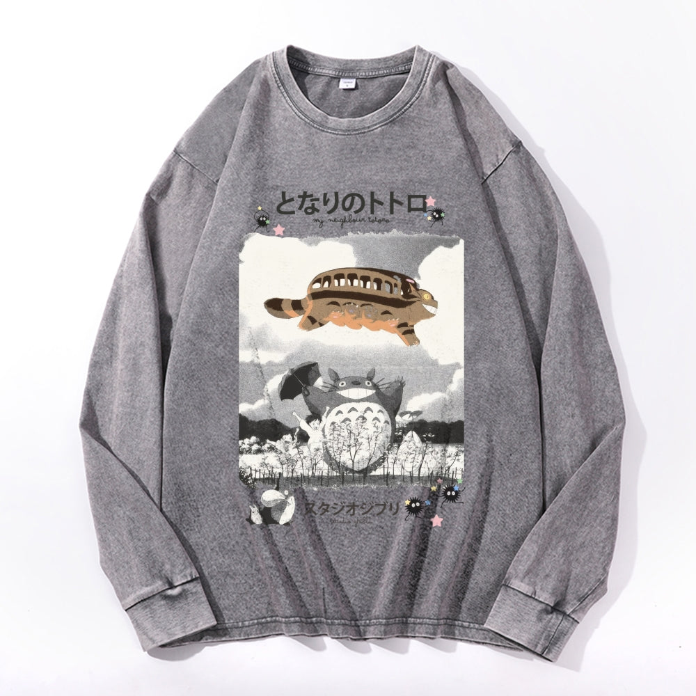 Ghibli Totoro Vintage Cotton Wash Crewneck Long-Sleeve T-Shirt