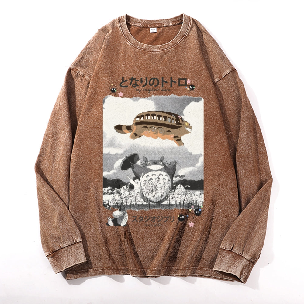 Ghibli Totoro Vintage Cotton Wash Crewneck Long-Sleeve T-Shirt