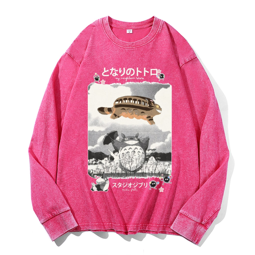 Ghibli Totoro Vintage Cotton Wash Crewneck Long-Sleeve T-Shirt
