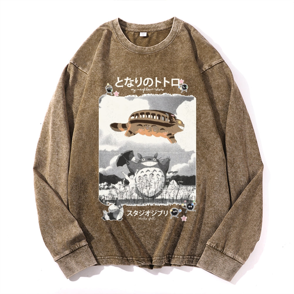 Ghibli Totoro Vintage Cotton Wash Crewneck Long-Sleeve T-Shirt