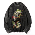 Chameleon Samurai Vintage Cotton Wash Crewneck Long-Sleeve T-Shirt