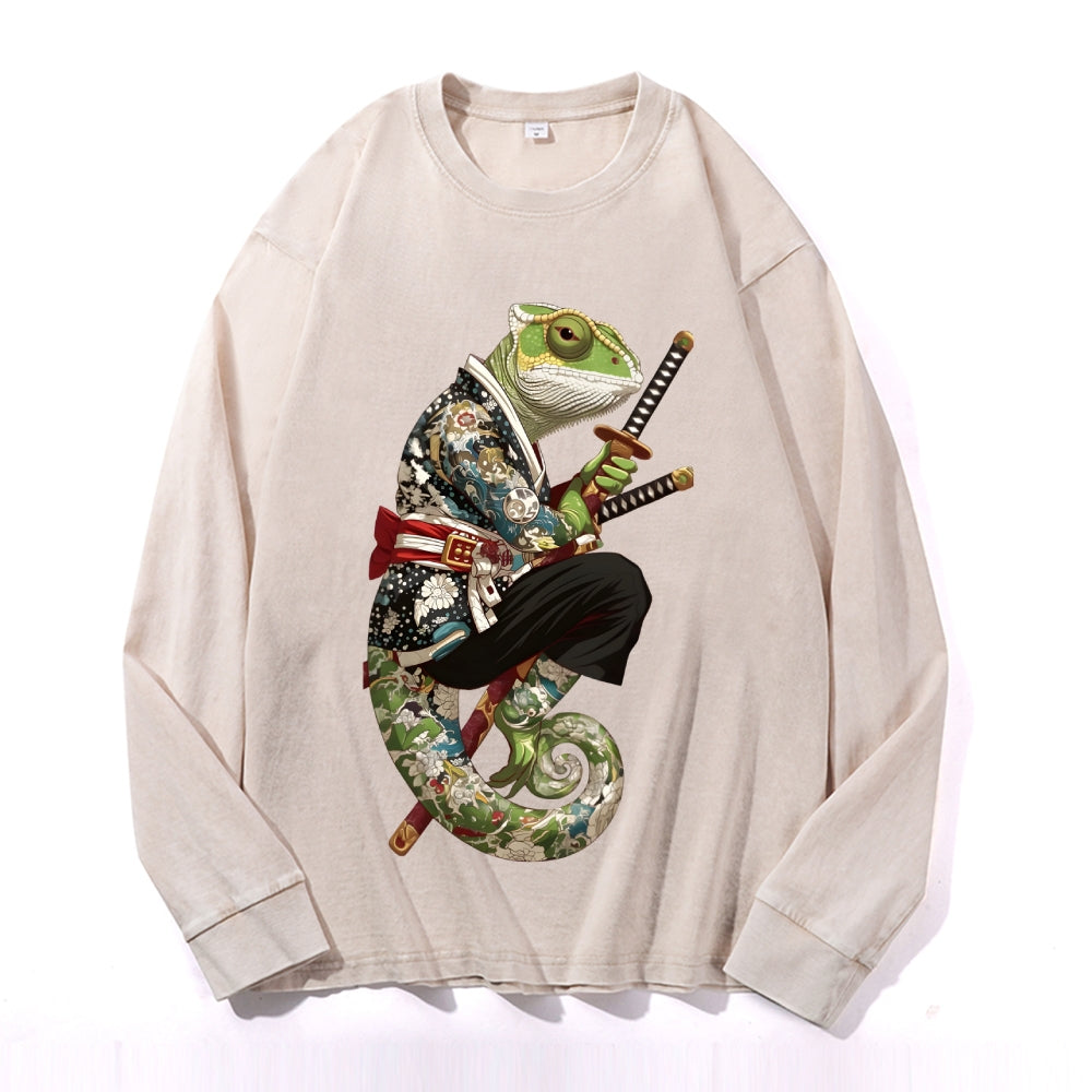 Chameleon Samurai Vintage Cotton Wash Crewneck Long-Sleeve T-Shirt
