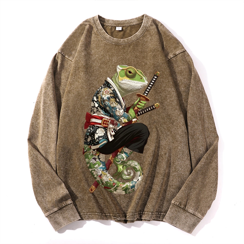 Chameleon Samurai Vintage Cotton Wash Crewneck Long-Sleeve T-Shirt
