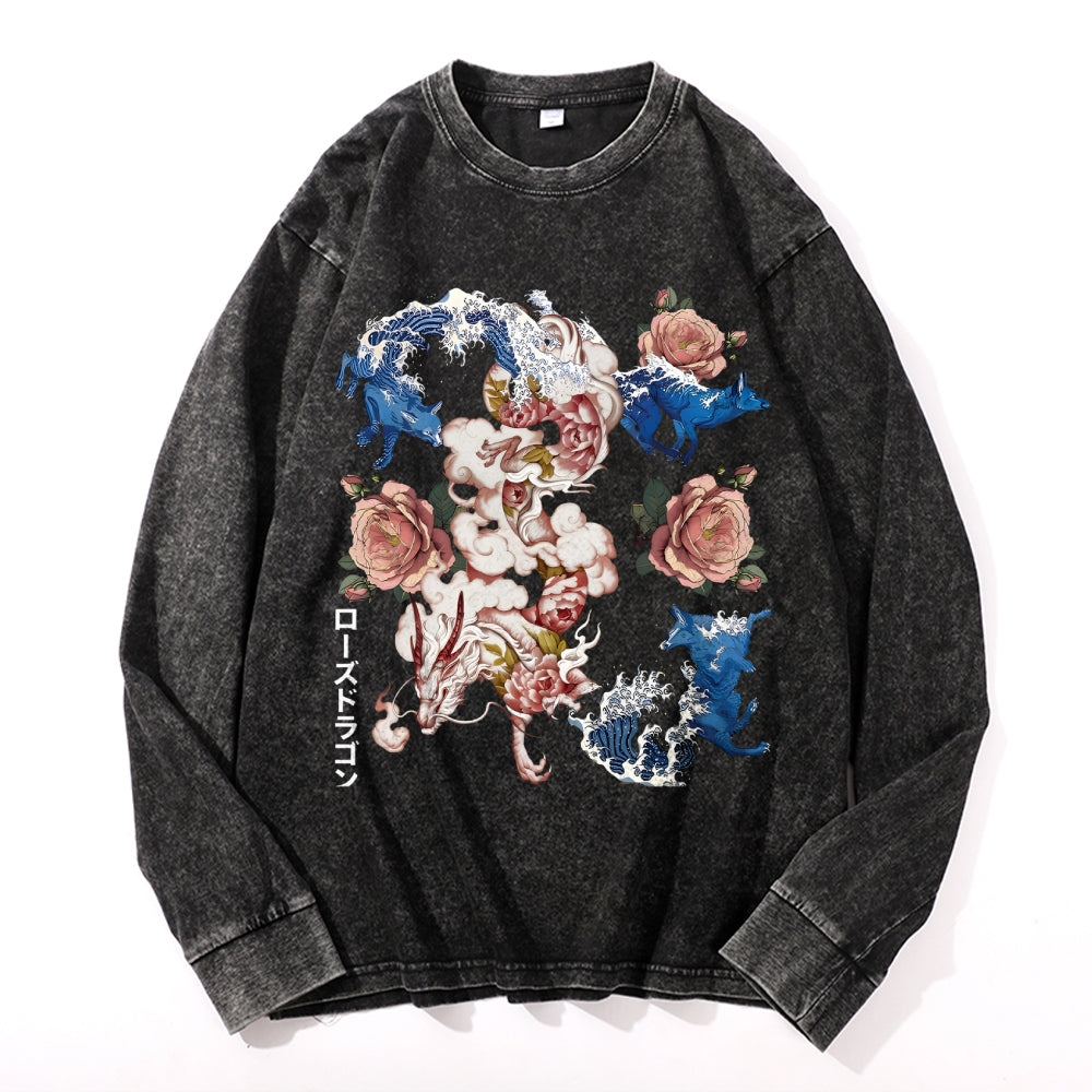 Ukiyo-e Vintage Cotton Wash Crewneck Long-Sleeve T-Shirt