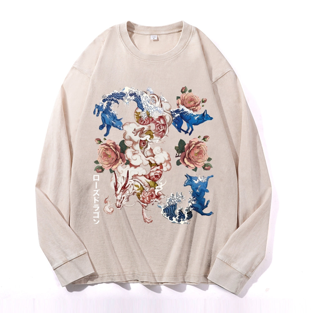 Ukiyo-e Vintage Cotton Wash Crewneck Long-Sleeve T-Shirt