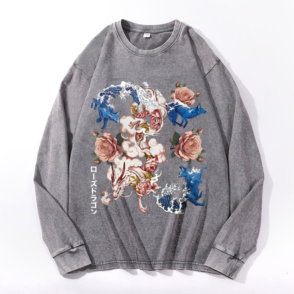 Ukiyo-e Vintage Cotton Wash Crewneck Long-Sleeve T-Shirt