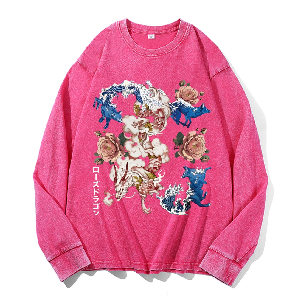Ukiyo-e Vintage Cotton Wash Crewneck Long-Sleeve T-Shirt