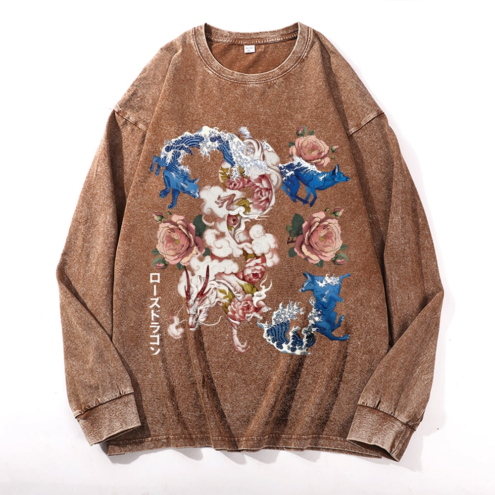 Ukiyo-e Vintage Cotton Wash Crewneck Long-Sleeve T-Shirt