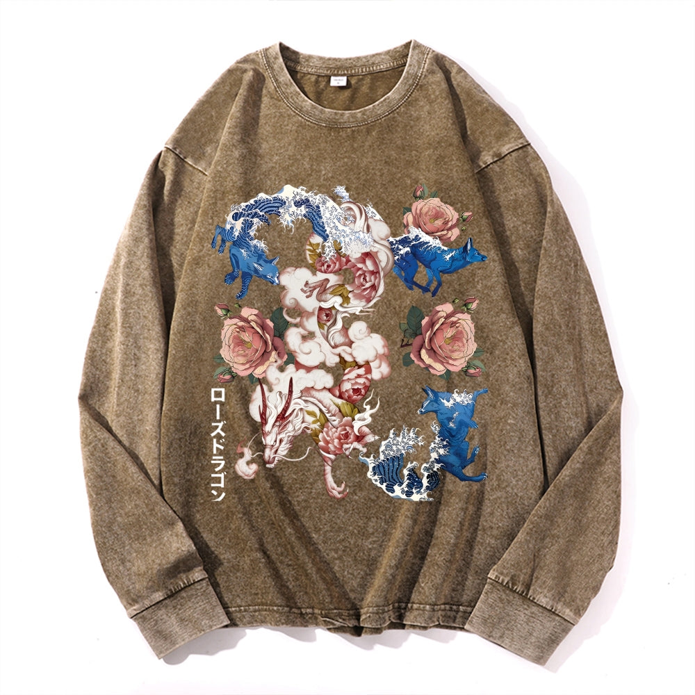 Ukiyo-e Vintage Cotton Wash Crewneck Long-Sleeve T-Shirt