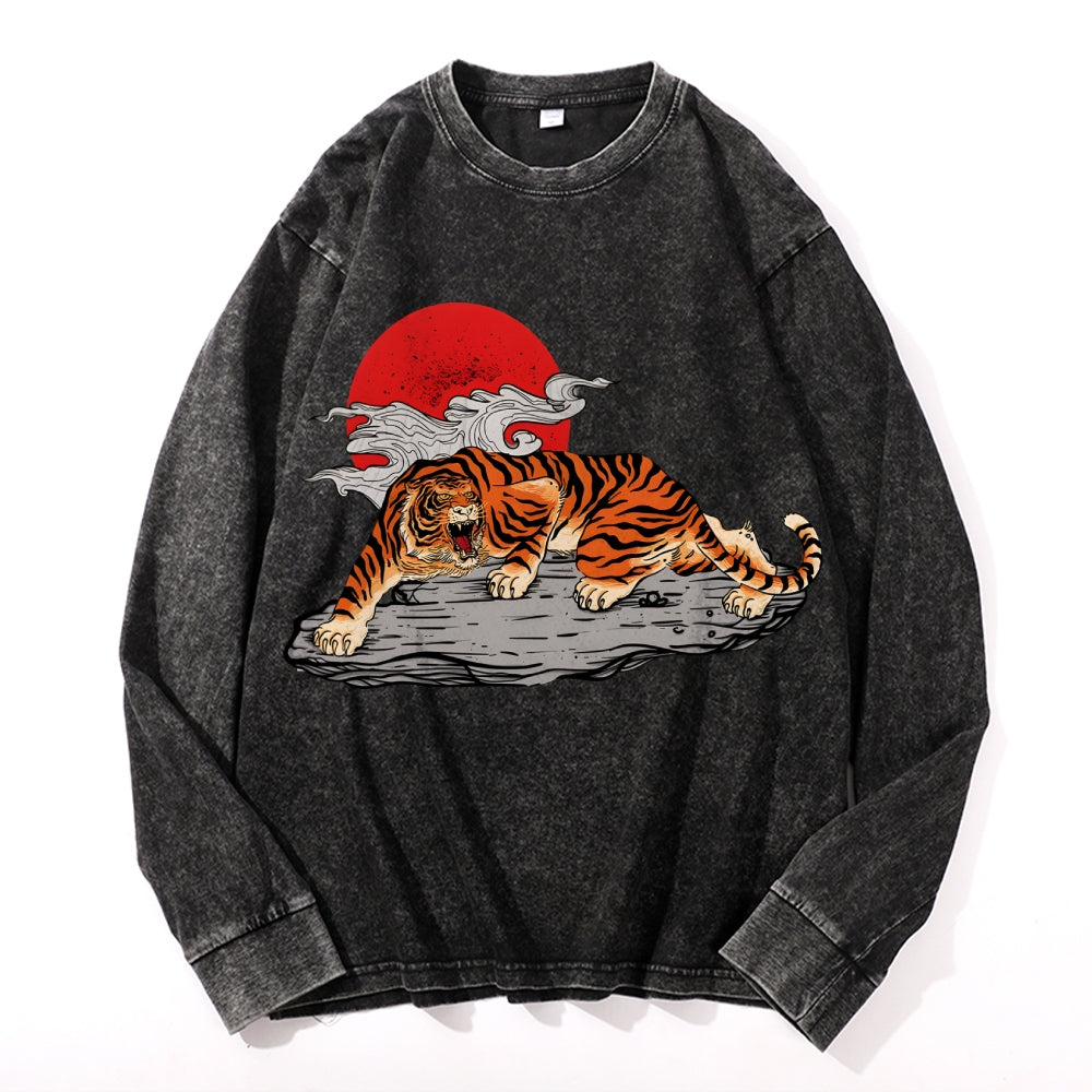 Tiger Vintage Cotton Wash Crewneck Long-Sleeve T-Shirt