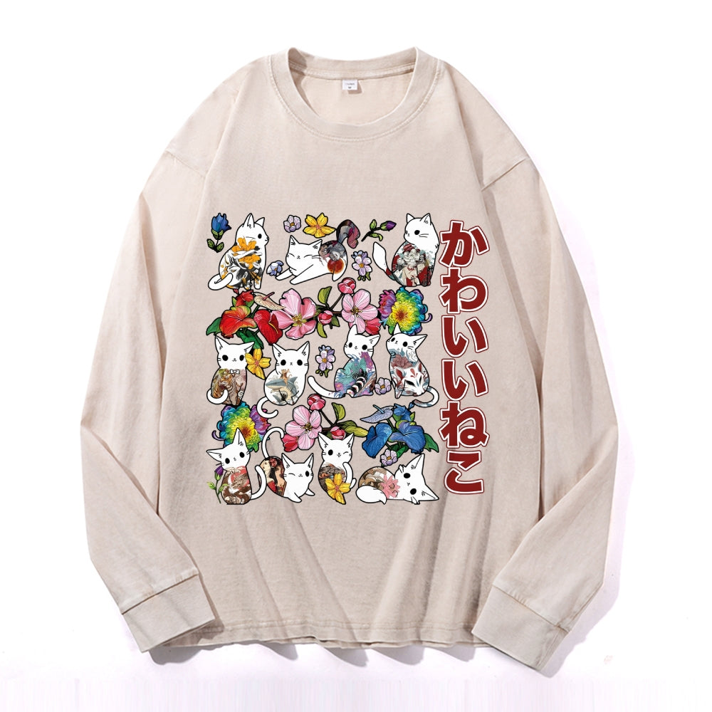Cat Vintage Cotton Wash Crewneck Long-Sleeve T-Shirt