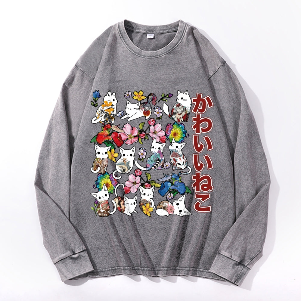 Cat Vintage Cotton Wash Crewneck Long-Sleeve T-Shirt