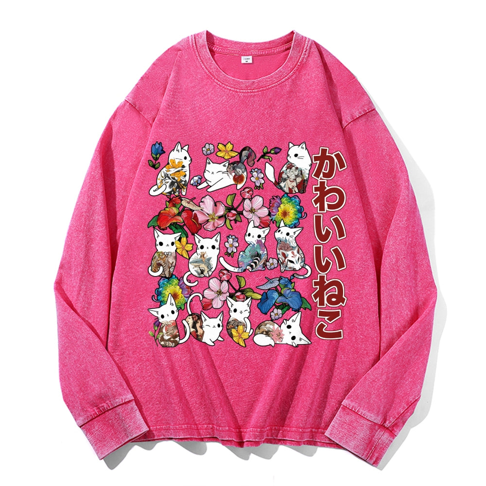 Cat Vintage Cotton Wash Crewneck Long-Sleeve T-Shirt