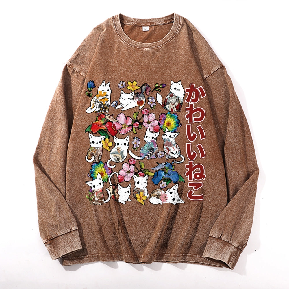Cat Vintage Cotton Wash Crewneck Long-Sleeve T-Shirt