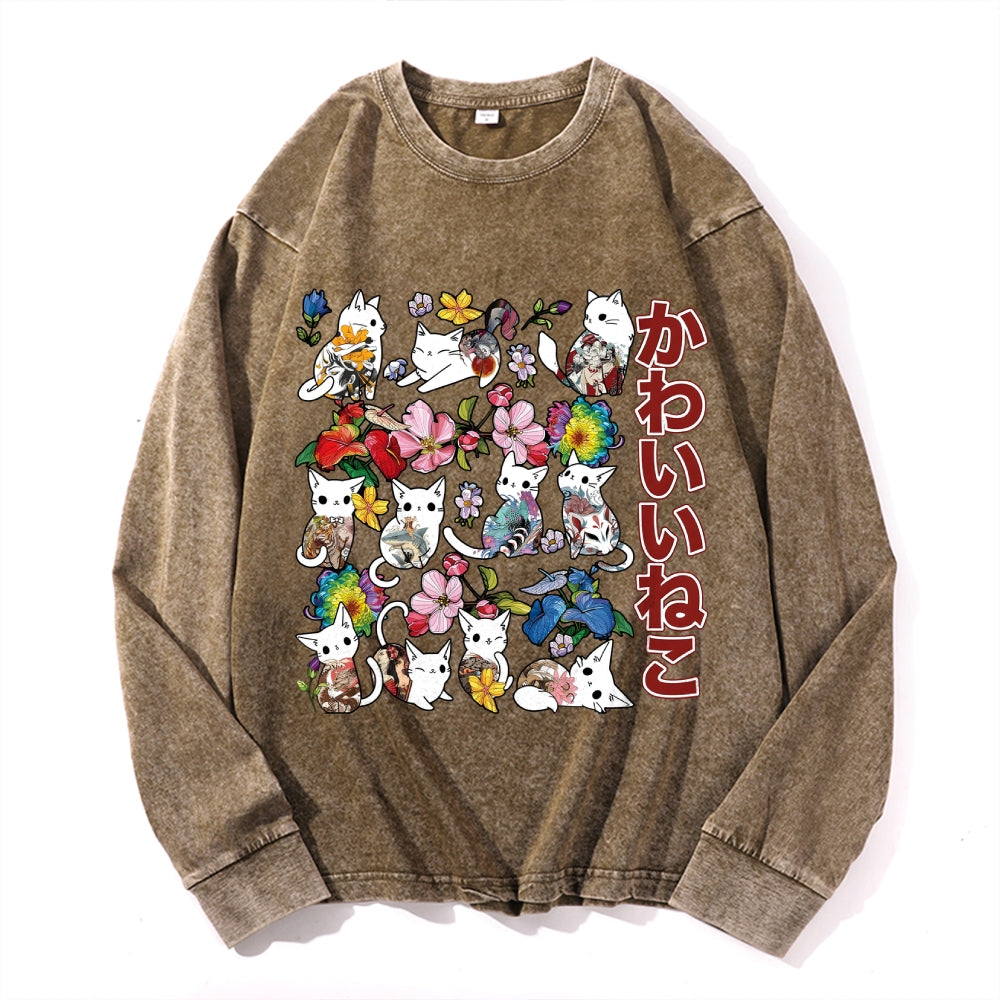 Cat Vintage Cotton Wash Crewneck Long-Sleeve T-Shirt