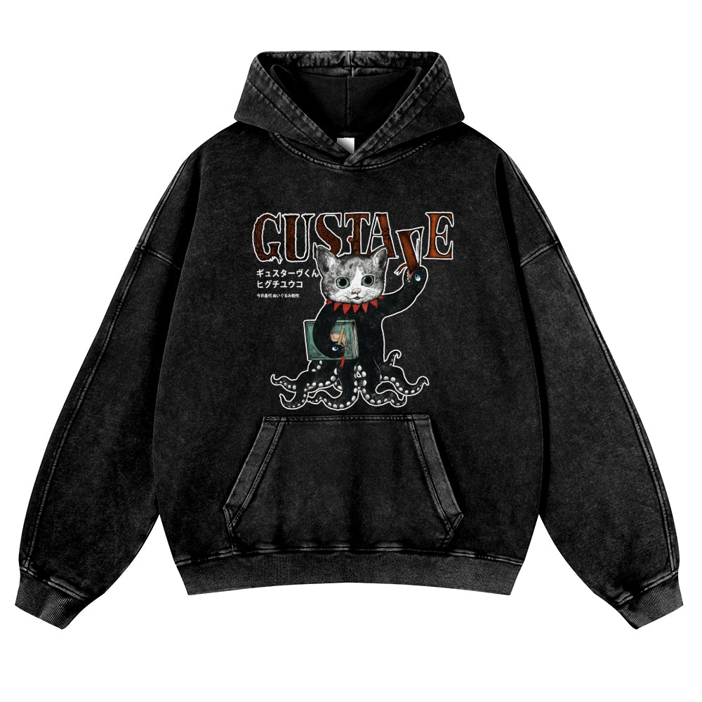 Octopus Black Cat Vintage Washed Thick Cotton Hoodie
