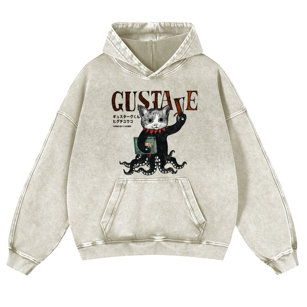 Octopus Black Cat Vintage Washed Thick Cotton Hoodie