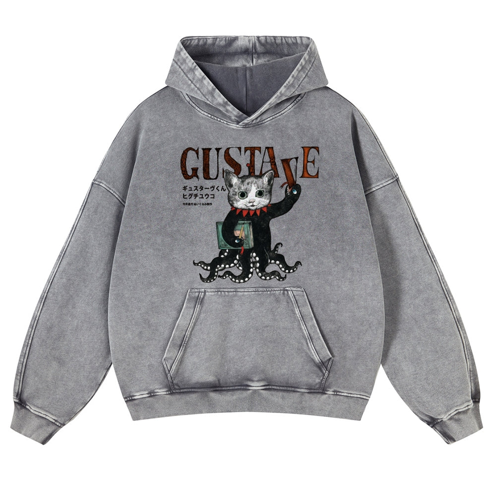 Octopus Black Cat Vintage Washed Thick Cotton Hoodie
