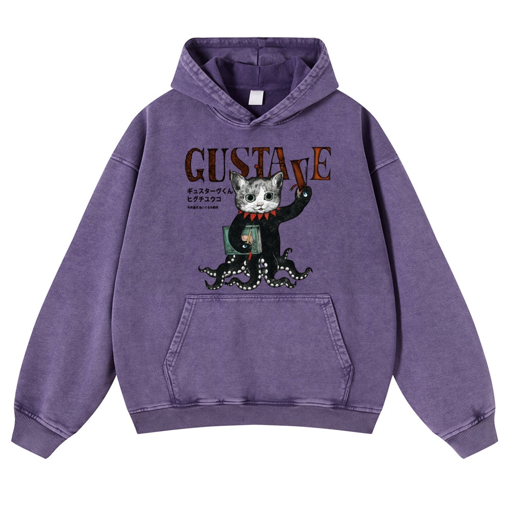 Octopus Black Cat Vintage Washed Thick Cotton Hoodie