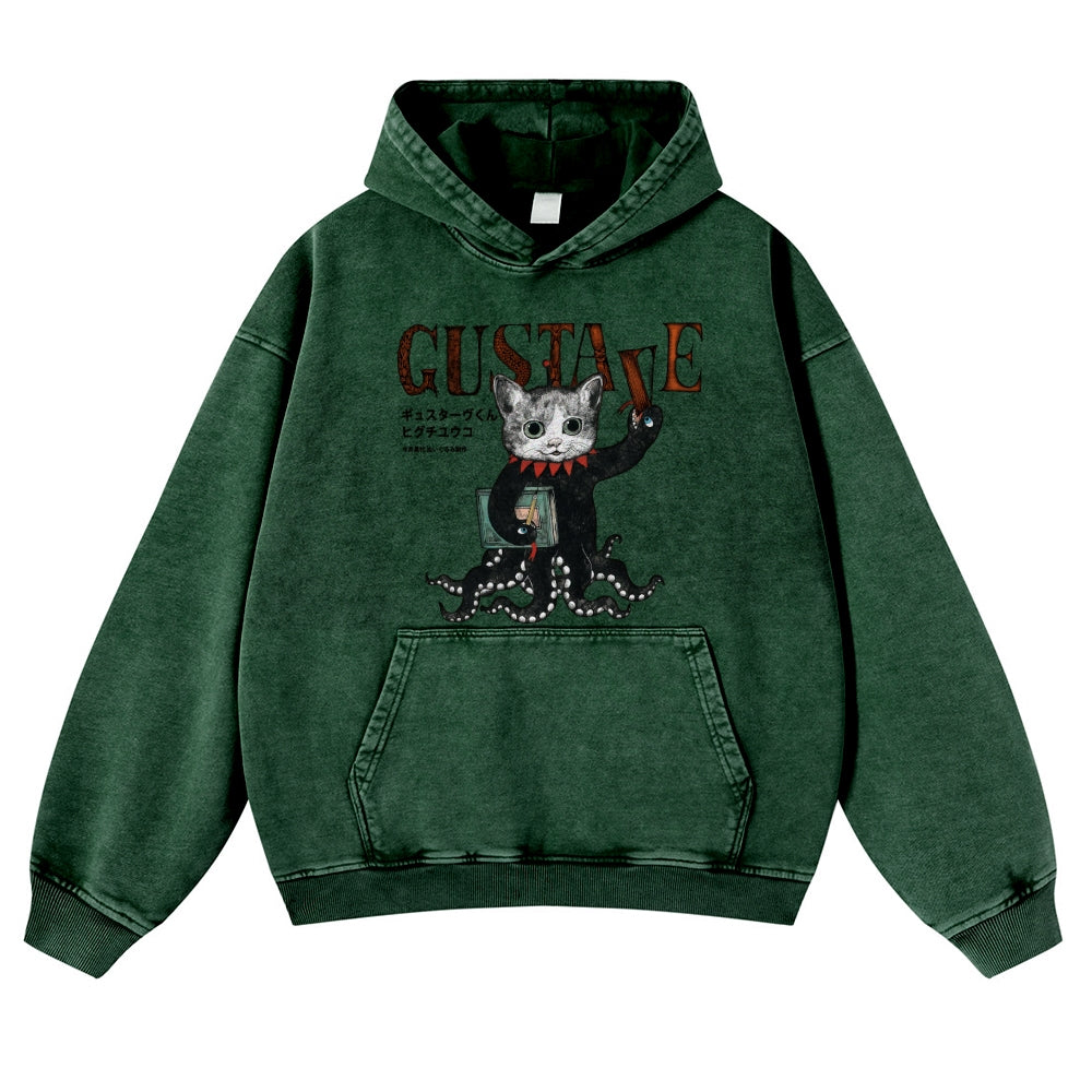 Octopus Black Cat Vintage Washed Thick Cotton Hoodie