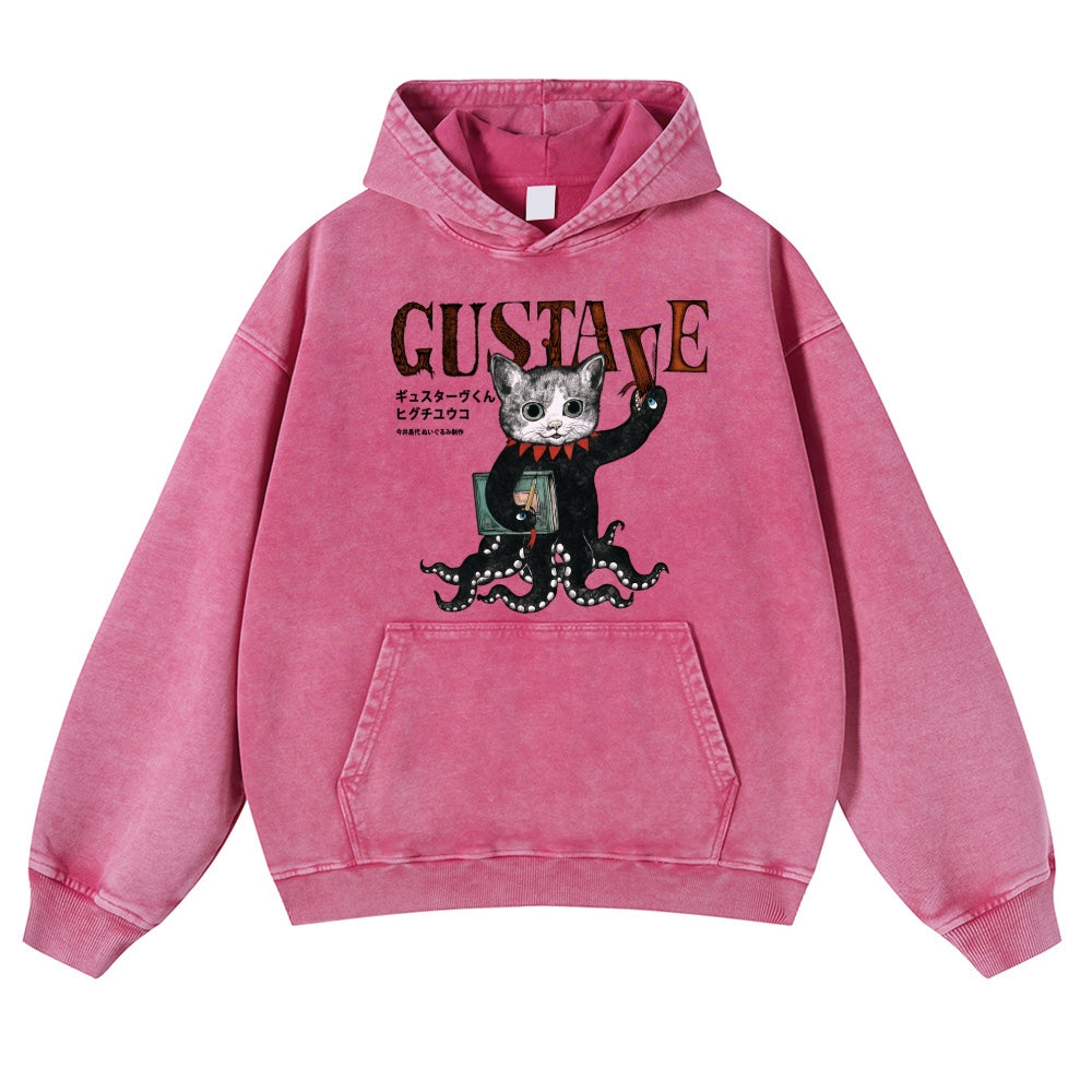 Octopus Black Cat Vintage Washed Thick Cotton Hoodie
