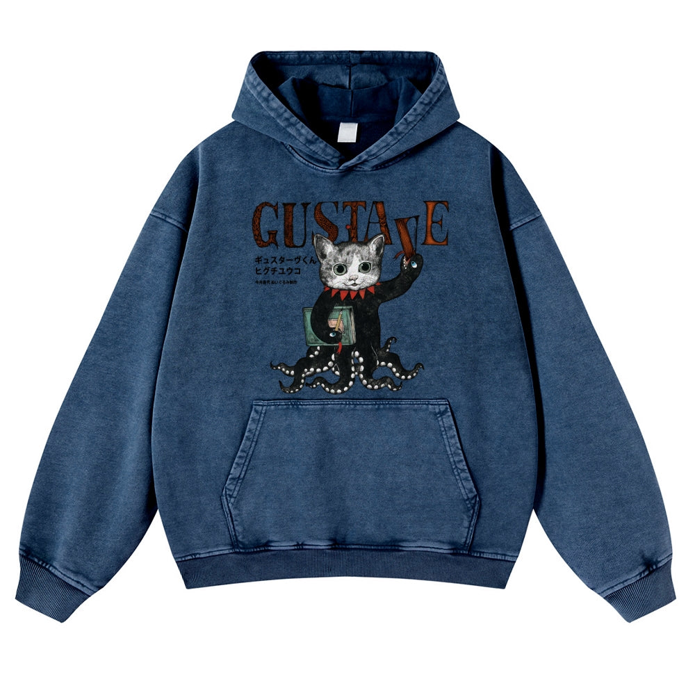 Octopus Black Cat Vintage Washed Thick Cotton Hoodie