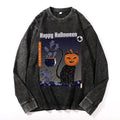 Pumpkin Head Black Cat Vintage Cotton Wash Crewneck Long-Sleeve T-Shirt