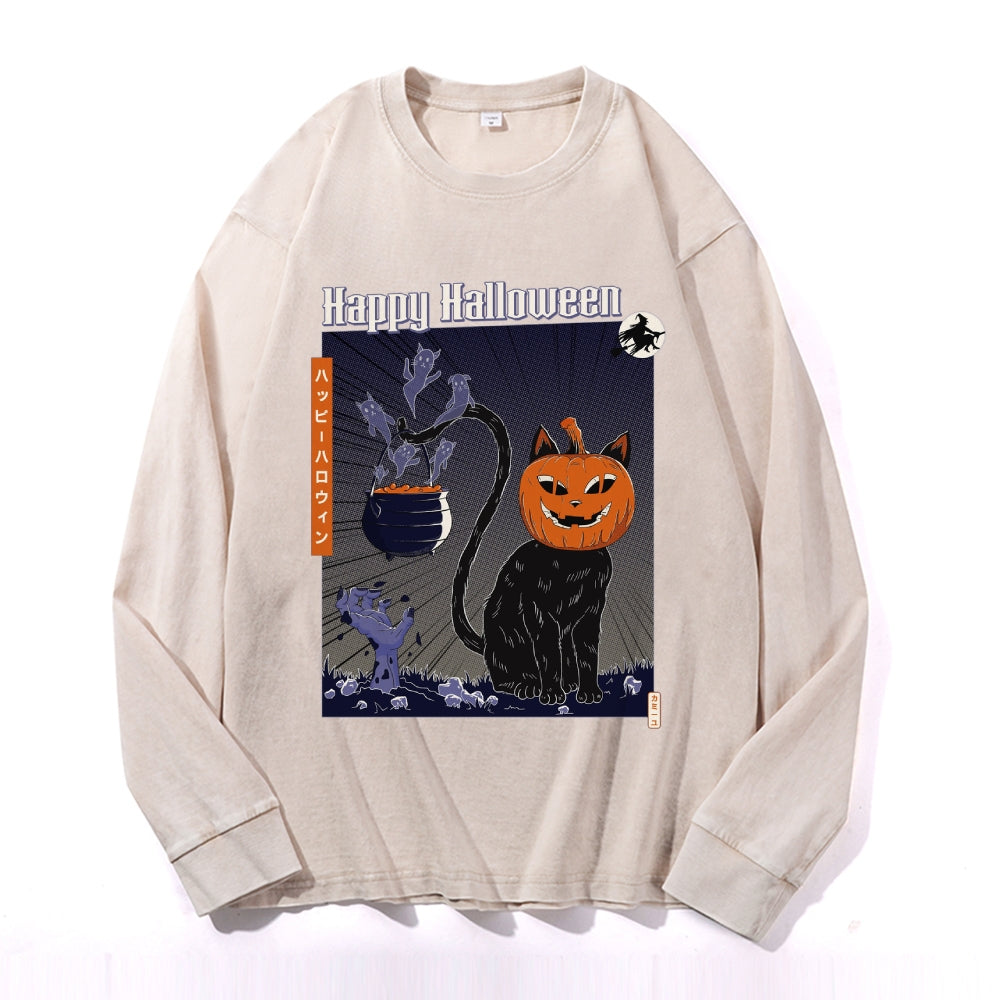 Pumpkin Head Black Cat Vintage Cotton Wash Crewneck Long-Sleeve T-Shirt
